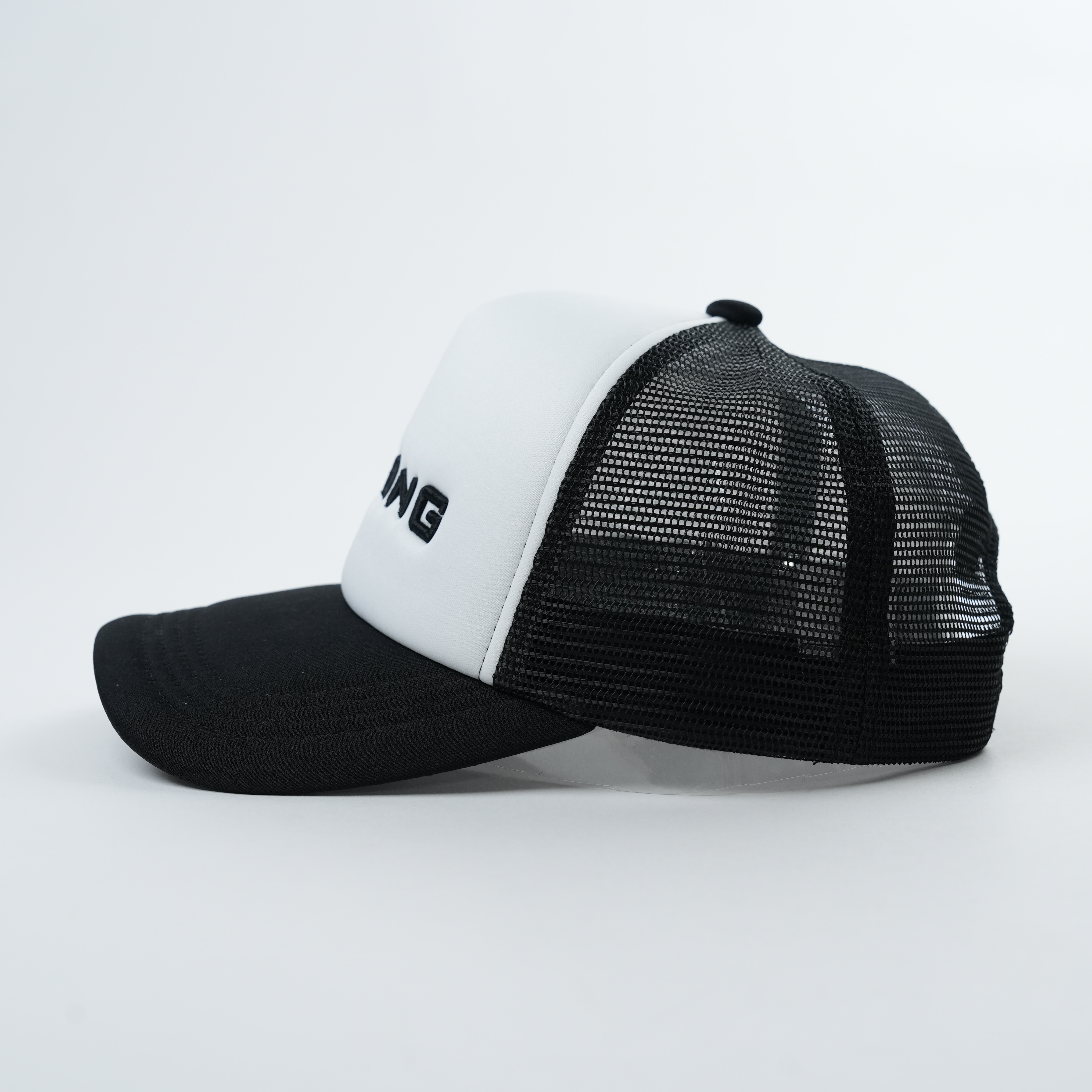 Black White Mesh Trucker Cap with Raised Embroidered Logo Snapback Hat
