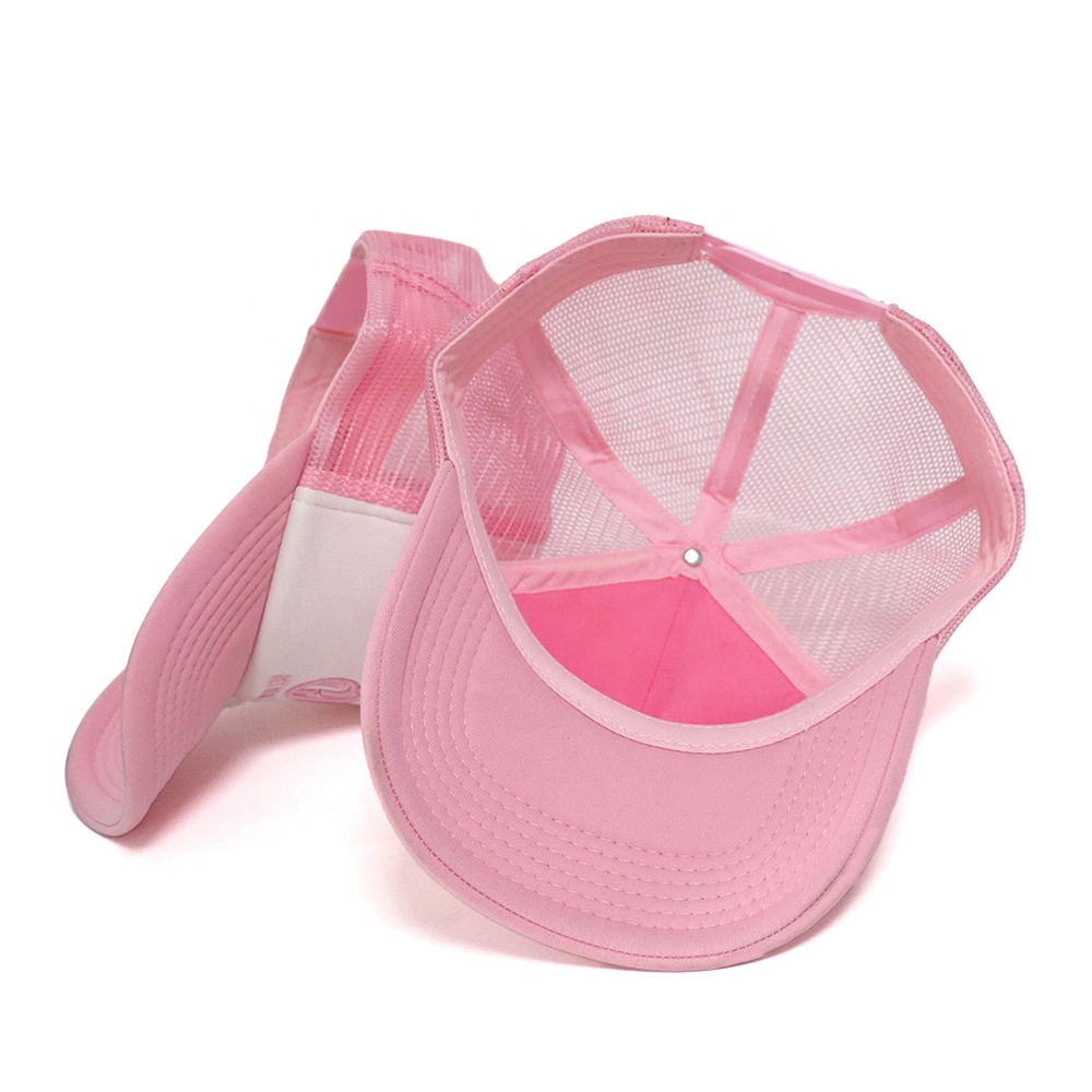 Pink White 3D Embroidered Logo Trucker Hat Mesh Back Adjustable Cap