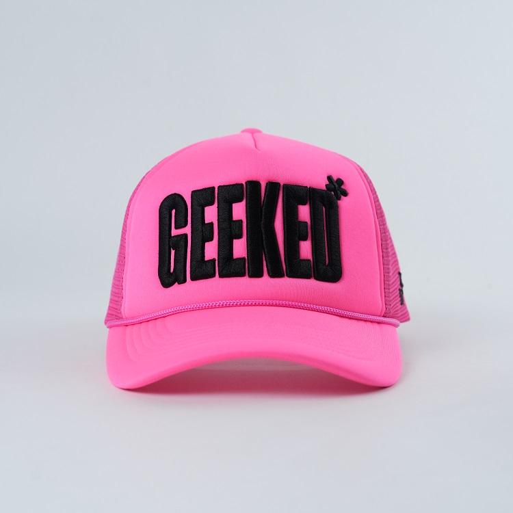 Neon Pink Foam Trucker Hat with Black 3D Letter Embroidery