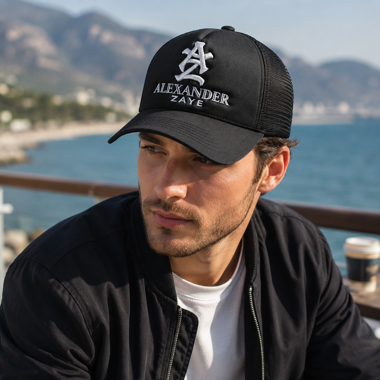 Black Foam Mesh Trucker Cap with White 3D Monogram Embroidery