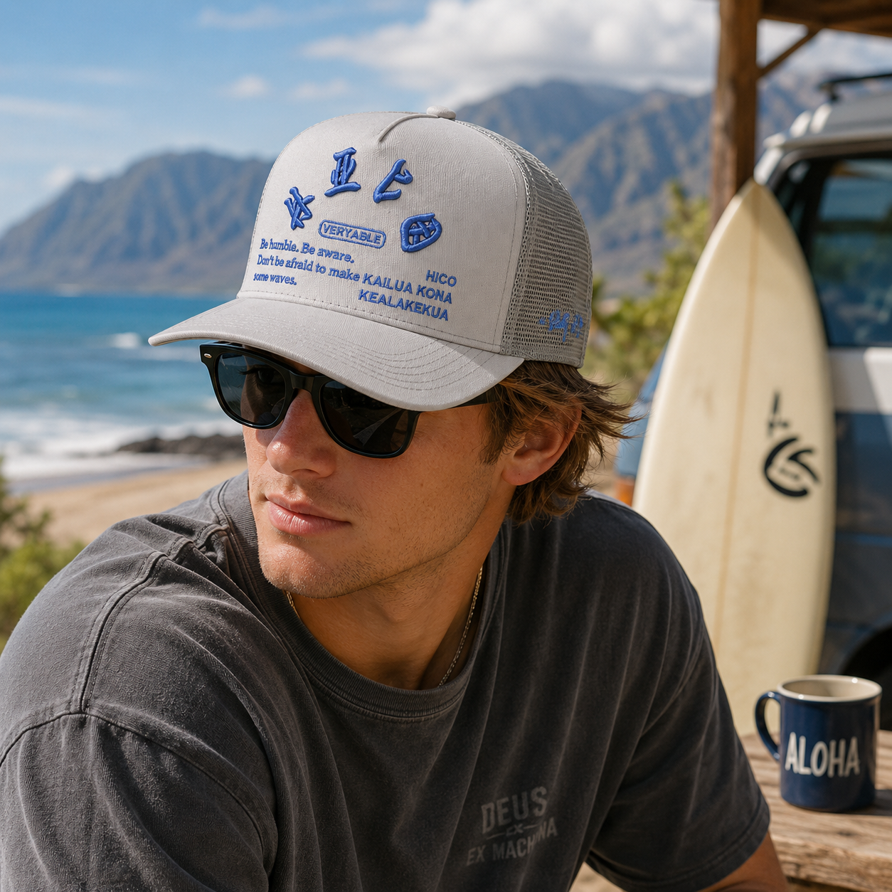 Light Gray 5-Panel Mesh Trucker Cap with Blue Raised Embroidery