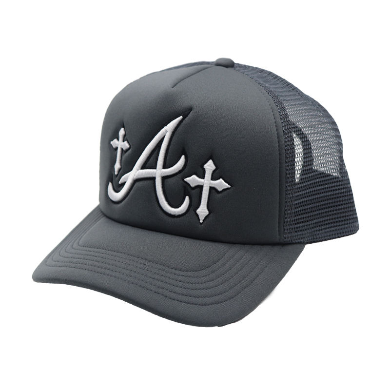 Grey Mesh Trucker Cap with Raised Letter Embroidery and Cross Design