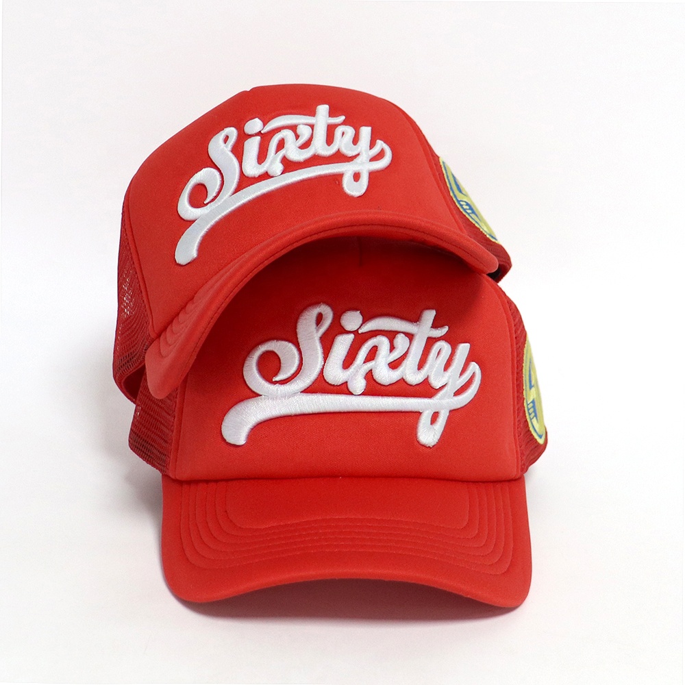 Red Foam Trucker Hats with White Sixty Script 3D Embroidery Logo
