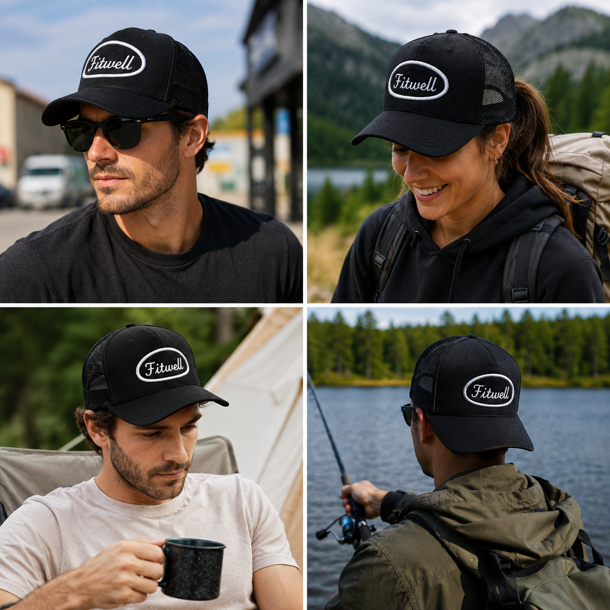 Black Mesh Trucker Cap with White Oval Embroidered Logo Patch