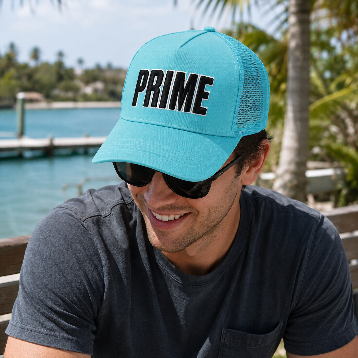 Turquoise 5-Panel Mesh Trucker Cap with Black Raised Lettering