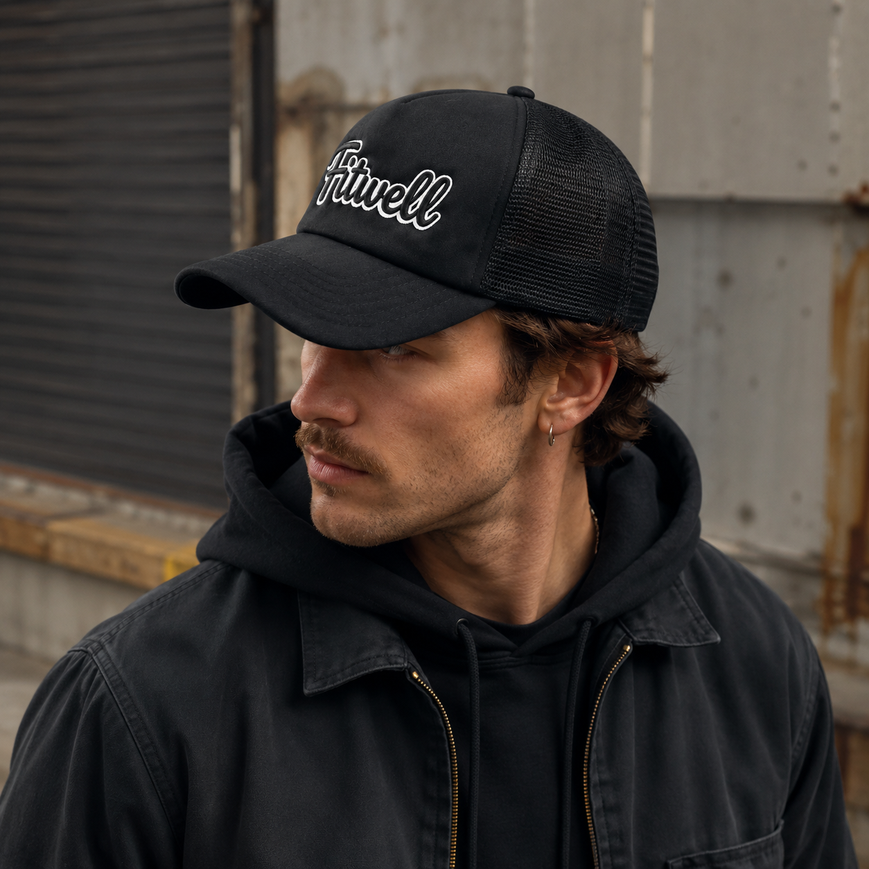 Black Script Logo Foam Mesh Trucker Cap