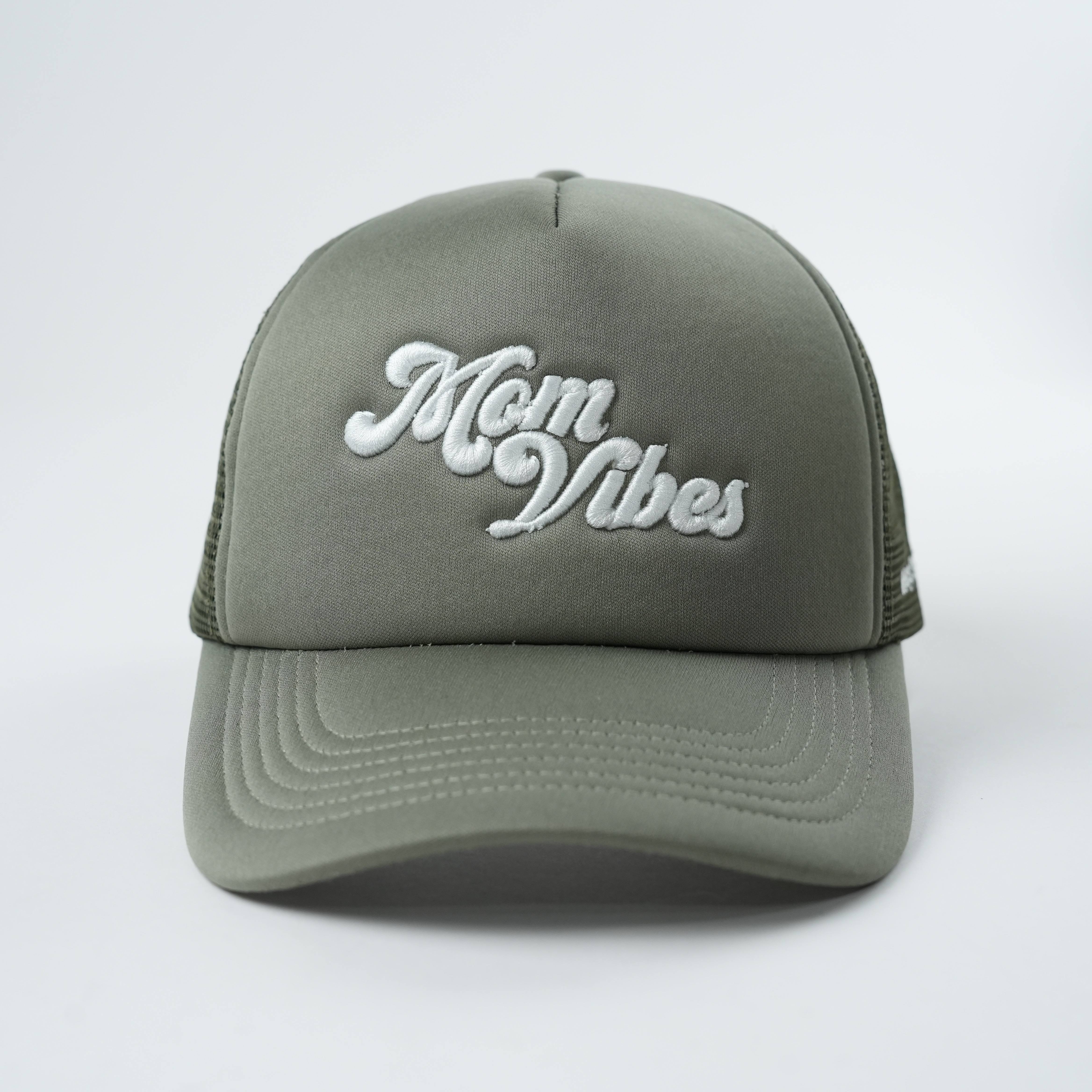 Olive Green Script Logo Mesh Trucker Cap with 3D Embroidery