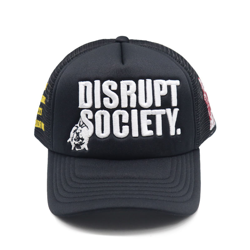 Black Foam Trucker Cap with Bold 3D Embroidered Slogan Logo