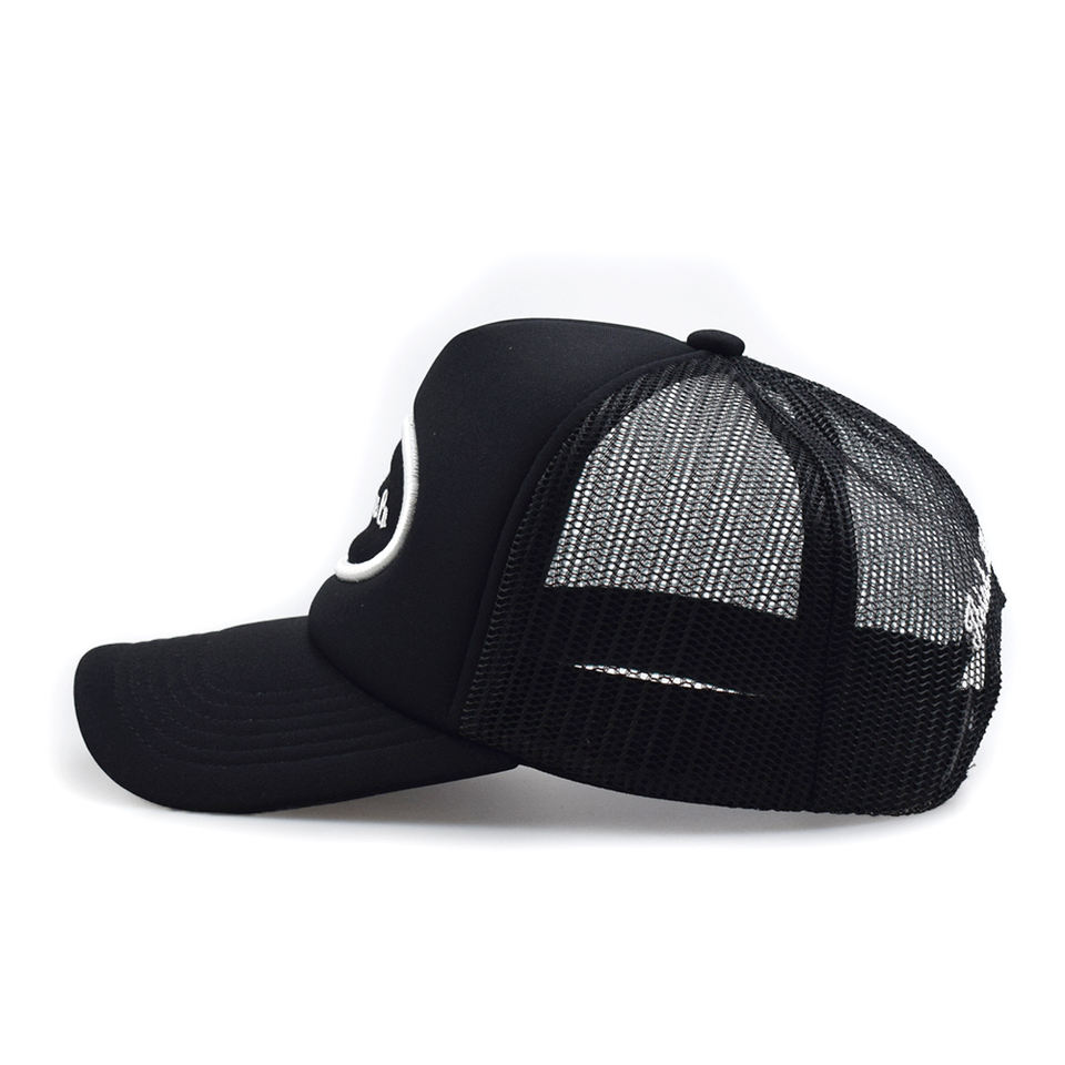 Black Mesh Trucker Cap with White Oval Embroidered Logo Patch