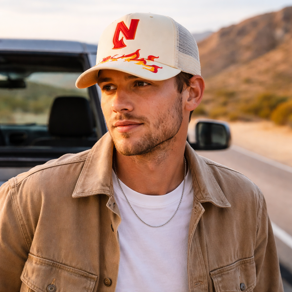 Flame Embroidered 5 Panel Foam Trucker Hat with Mesh Back Snapback Cap