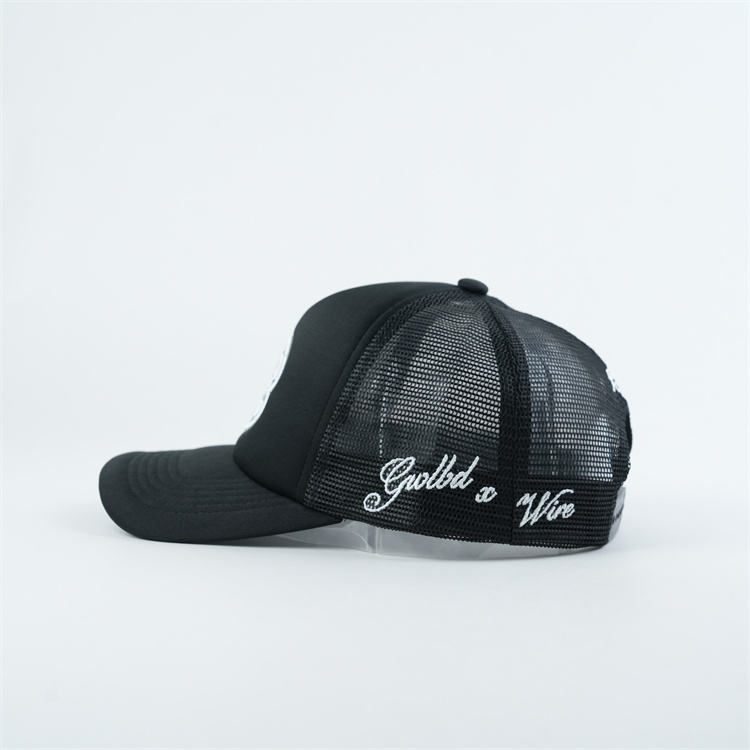 Black Foam Mesh Trucker Cap with White Raised Logo Embroidery