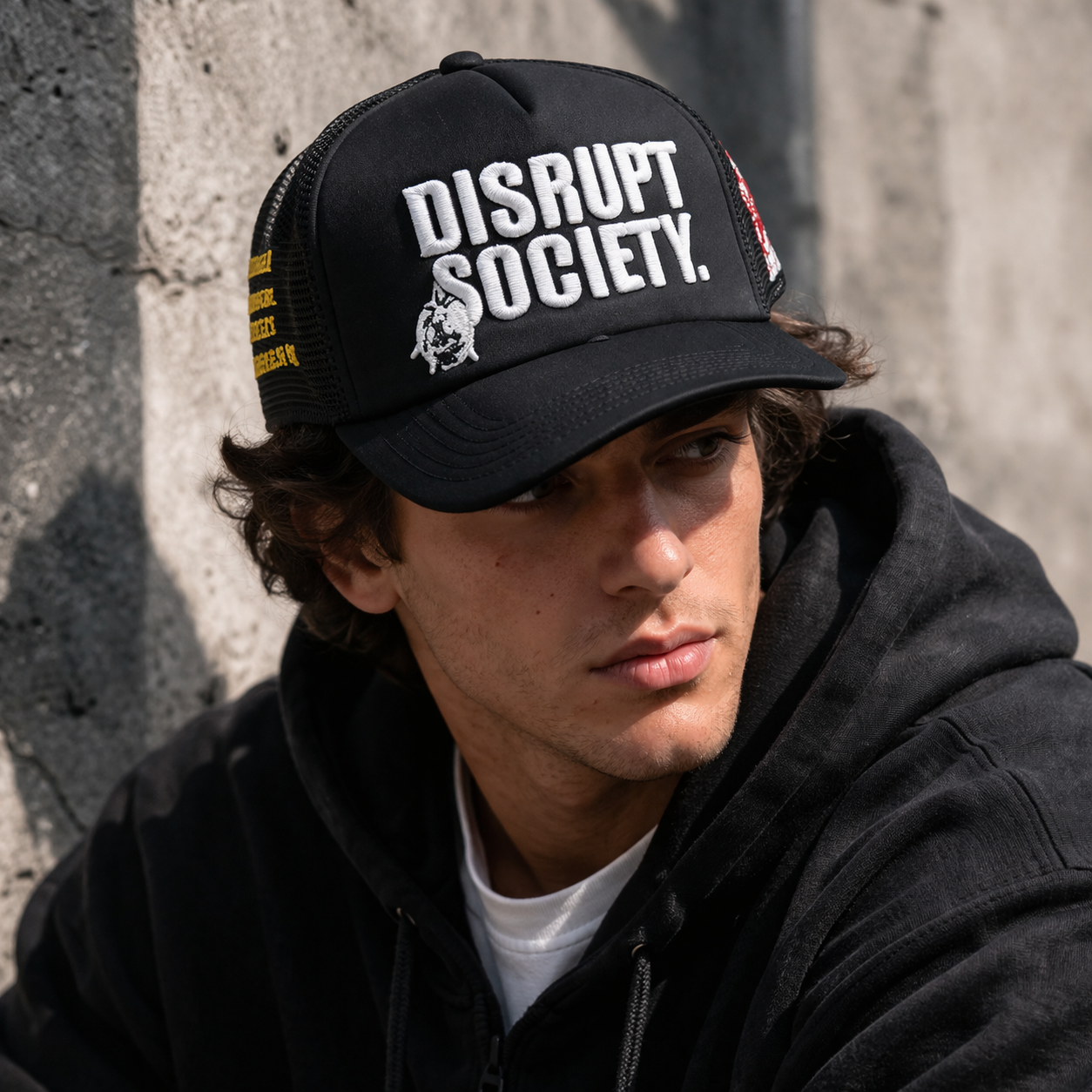 Black Foam Trucker Cap with Bold 3D Embroidered Slogan Logo