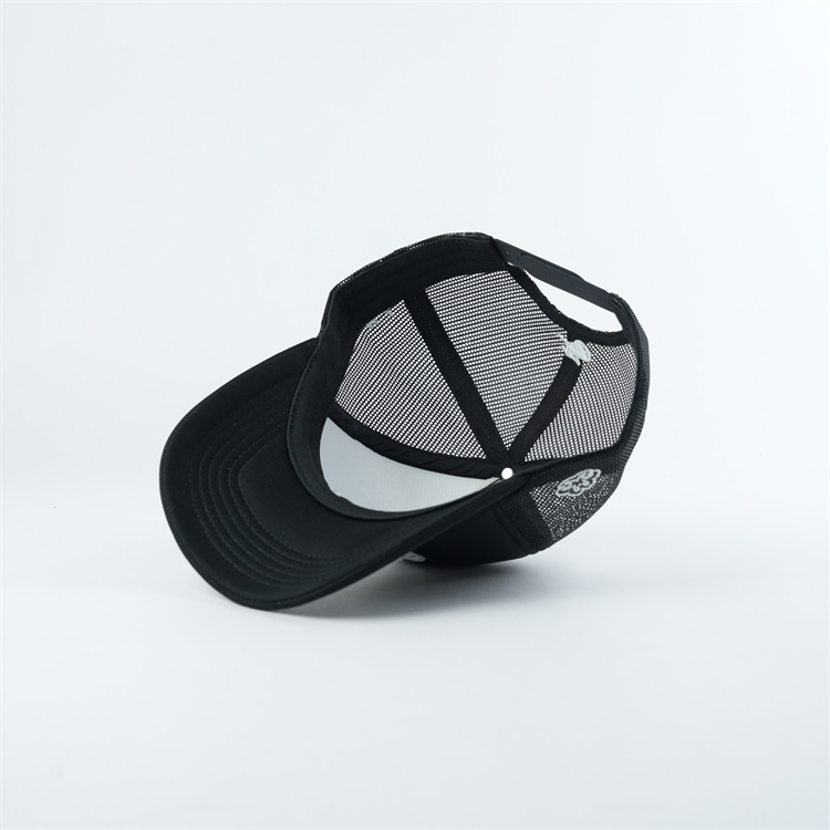 Black Foam Mesh Trucker Cap with White Raised Logo Embroidery