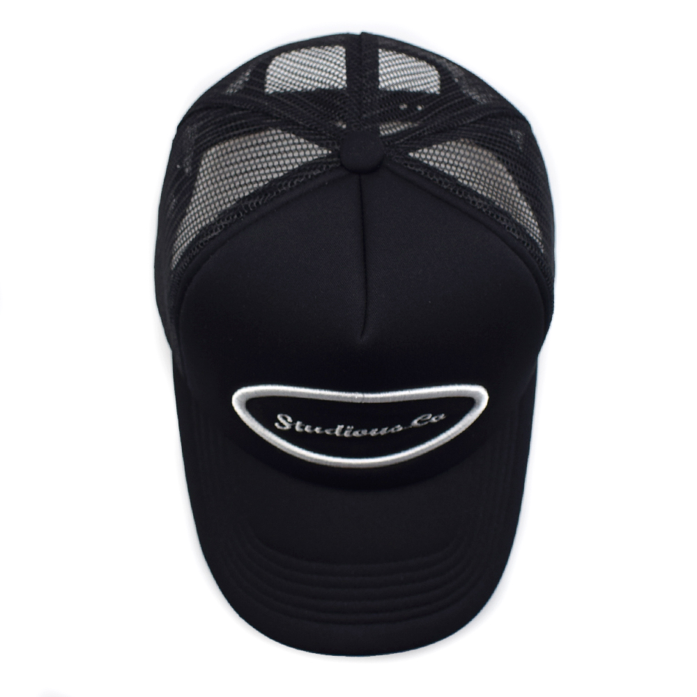 Black Mesh Trucker Cap with White Oval Embroidered Logo Patch
