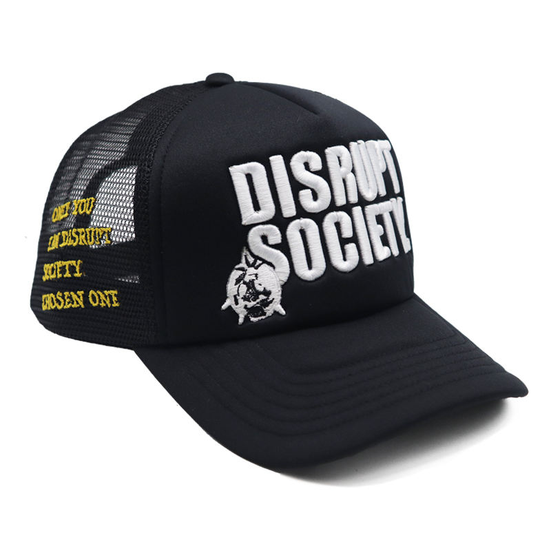 Black Foam Trucker Cap with Bold 3D Embroidered Slogan Logo