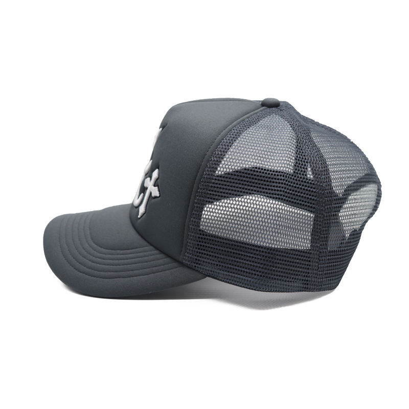 Grey Mesh Trucker Cap with Raised Letter Embroidery and Cross Design