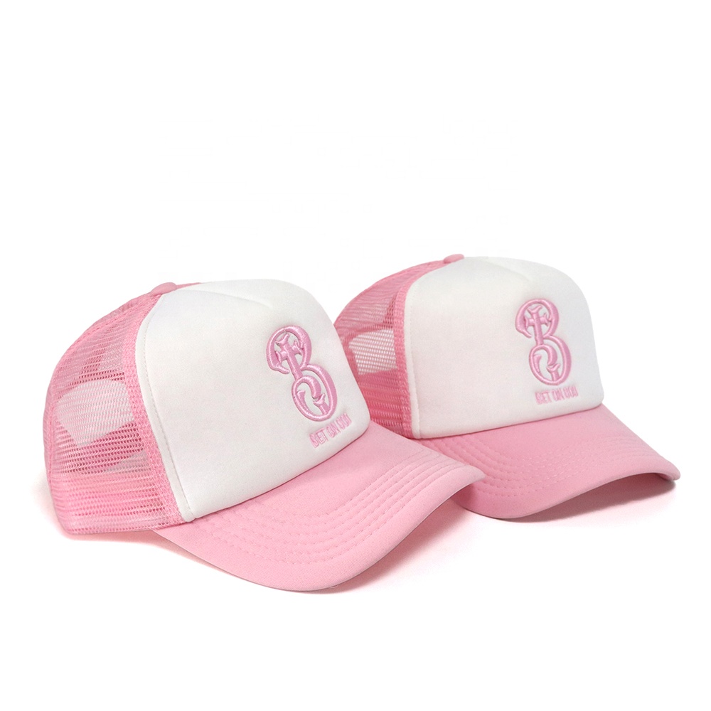 Pink White 3D Embroidered Logo Trucker Hat Mesh Back Adjustable Cap