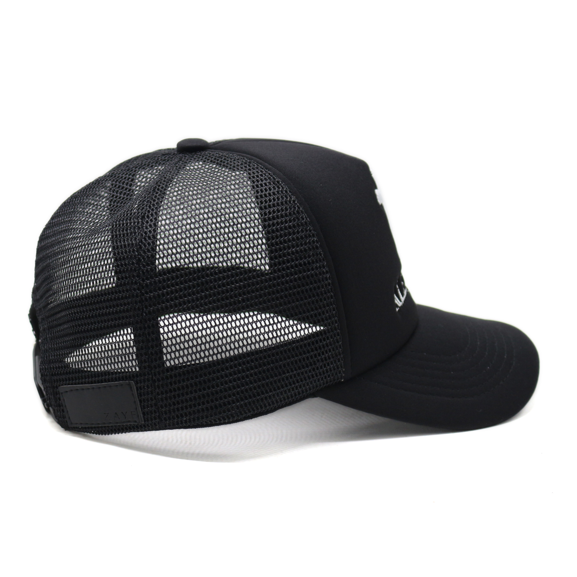 Black Foam Mesh Trucker Cap with White 3D Monogram Embroidery