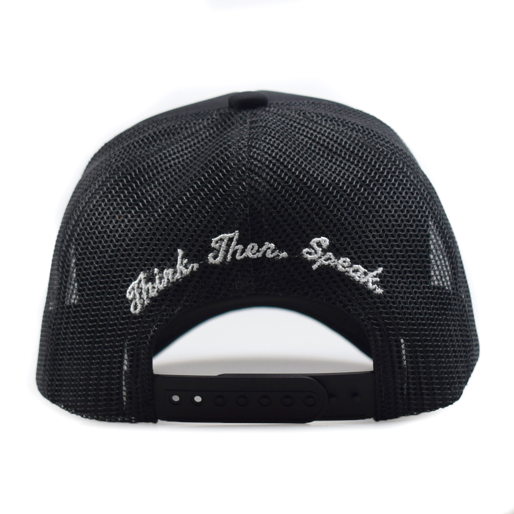 Black Mesh Trucker Cap with White Oval Embroidered Logo Patch