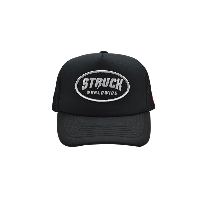 Black Mesh Back Trucker Hat with Foam Front and Embroidered Patch