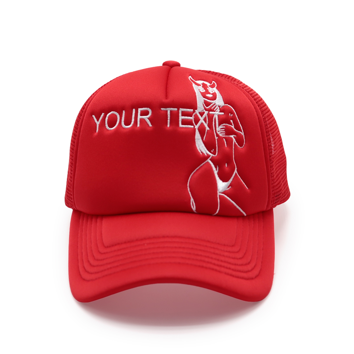 5-Panel Foam Mesh Trucker Hat with Bikini Line Flat Embroidery