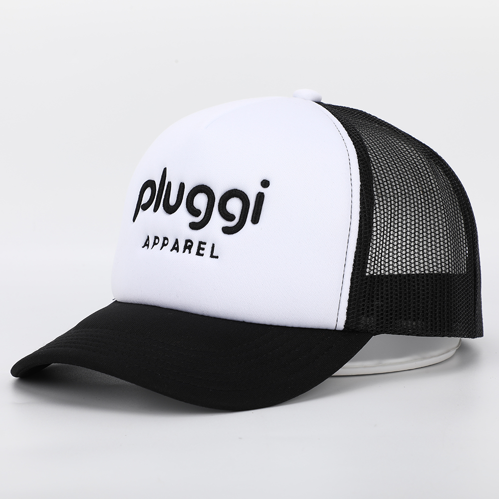 White & Black Mesh Trucker Hat with Raised Embroidered Logo