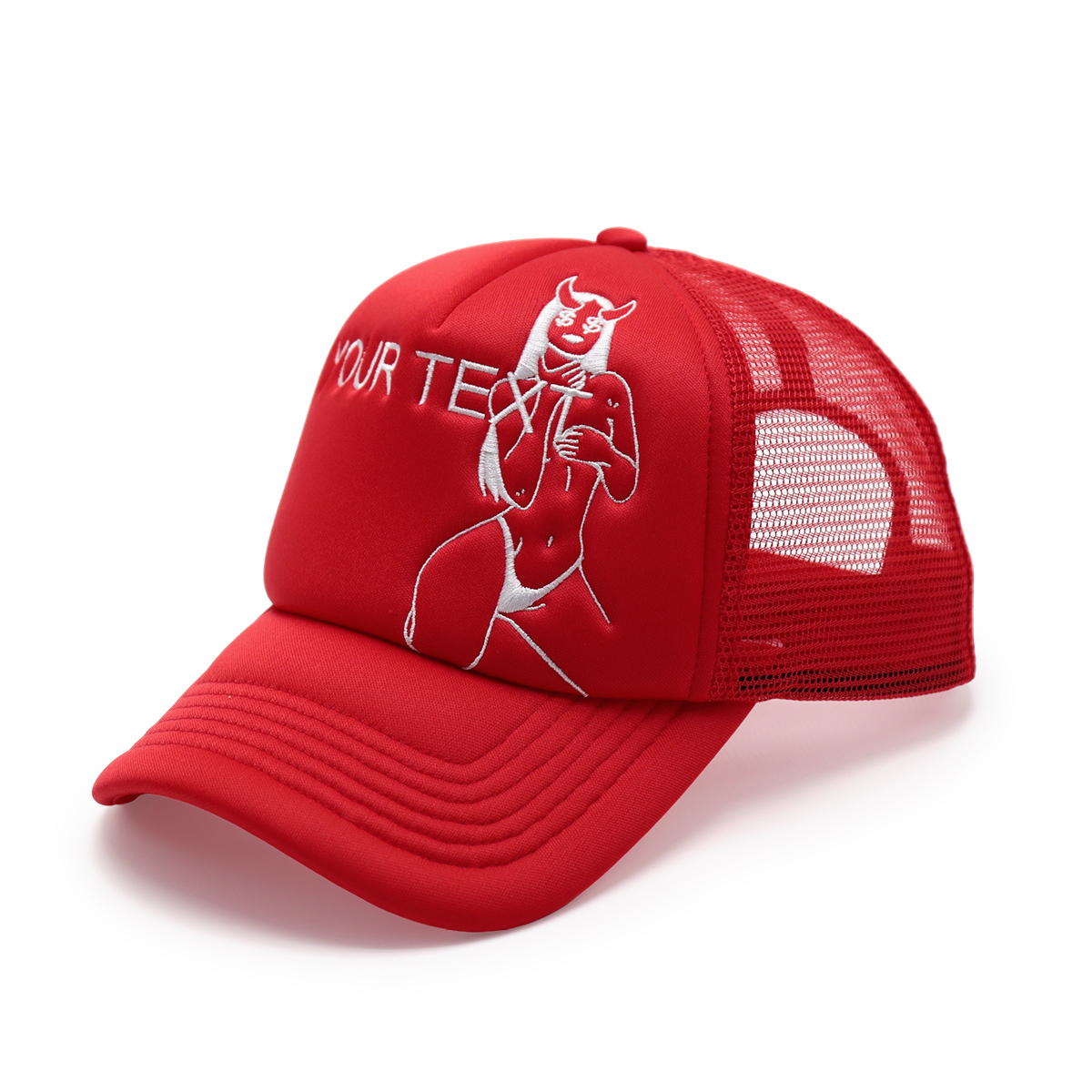 5-Panel Foam Mesh Trucker Hat with Bikini Line Flat Embroidery