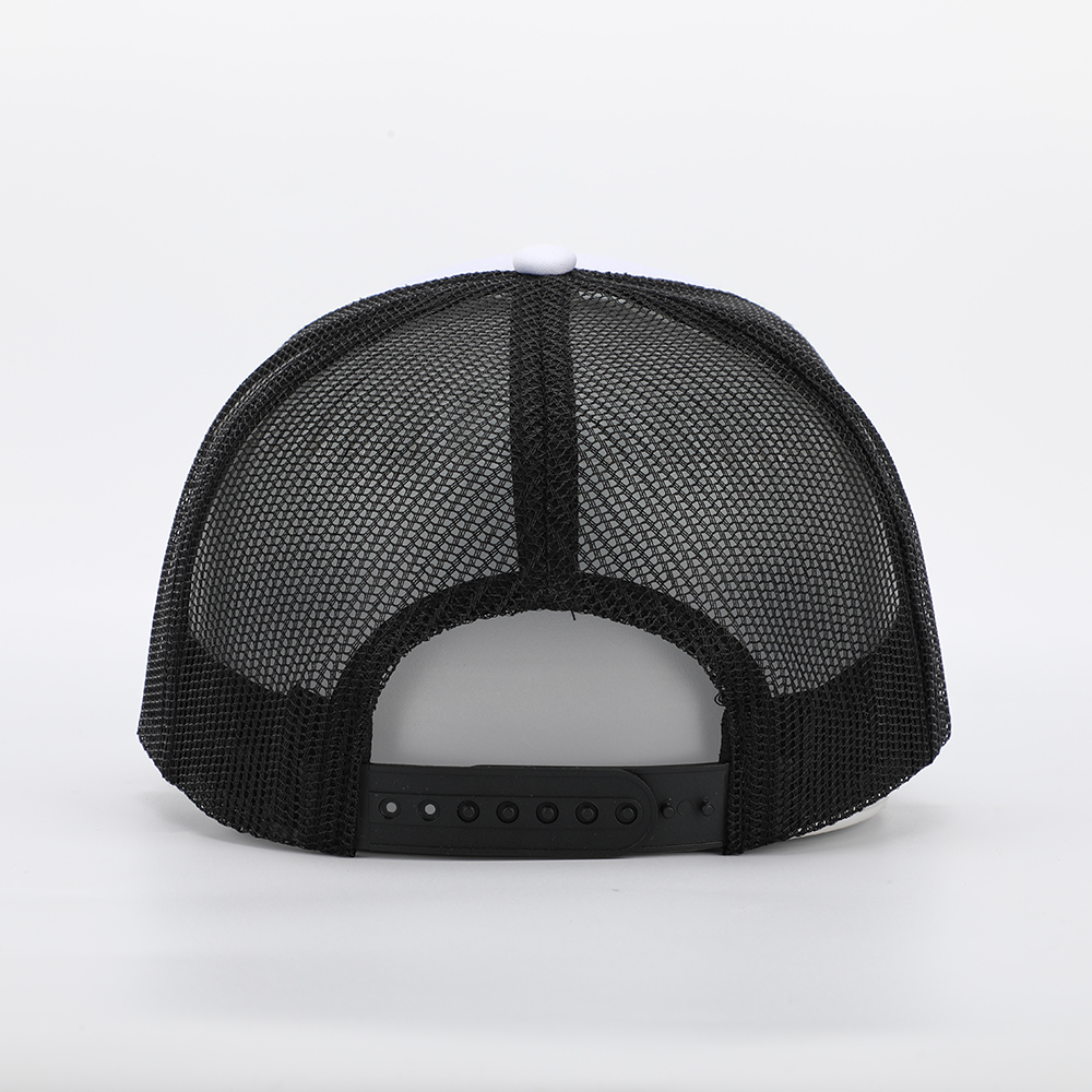 White & Black Mesh Trucker Hat with Raised Embroidered Logo