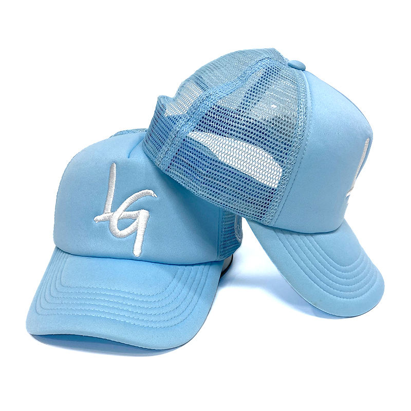 Light Blue Foam Trucker Hat with Flat Embroidered Logo