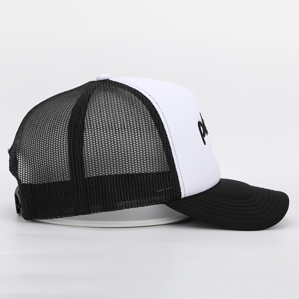 White & Black Mesh Trucker Hat with Raised Embroidered Logo