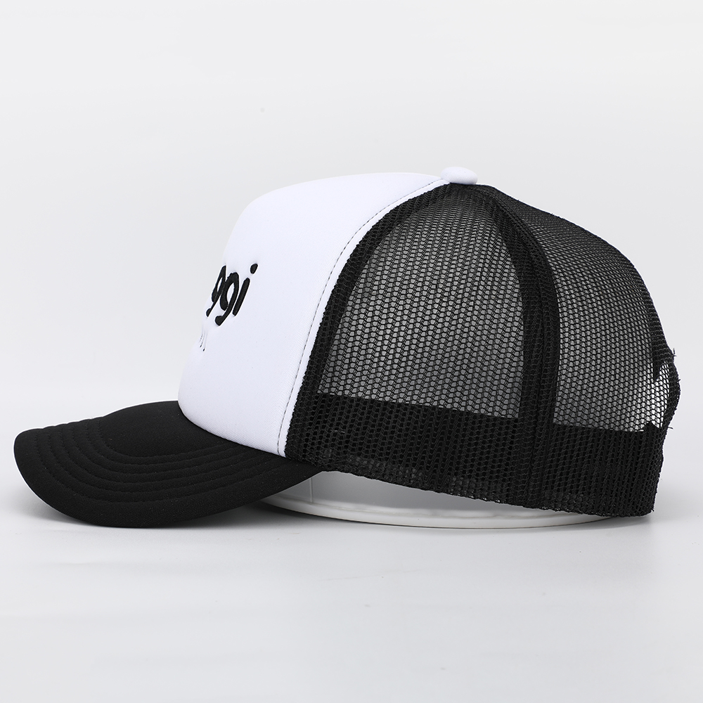 White & Black Mesh Trucker Hat with Raised Embroidered Logo