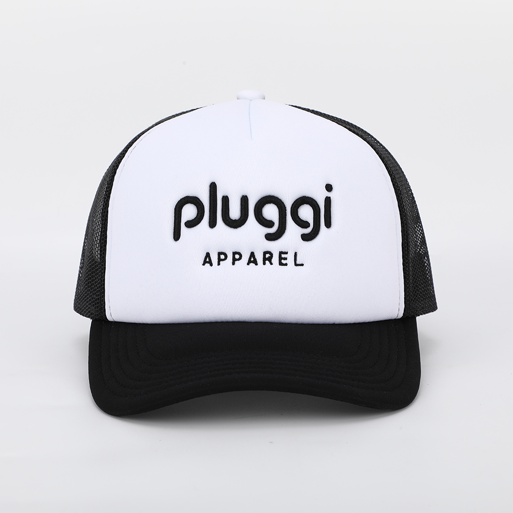White & Black Mesh Trucker Hat with Raised Embroidered Logo