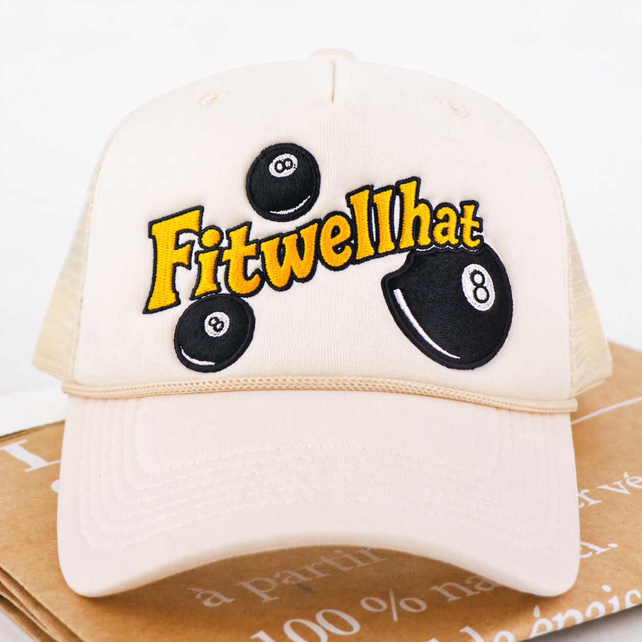 Belager 8 Ball Cream 5 Panel Trucker Cap with Embroidered Logo