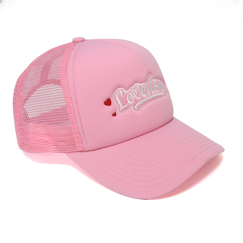Pink Foam Trucker Hat with Love Letter Embroidery Mesh Back Snapback Cap