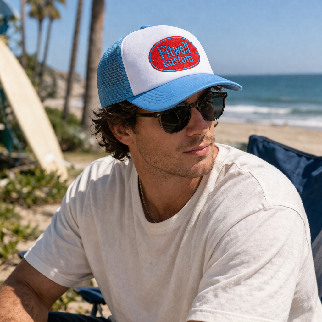 Blue White Foam Trucker Hat Oval Patch Embroidered Logo Mesh Back Cap