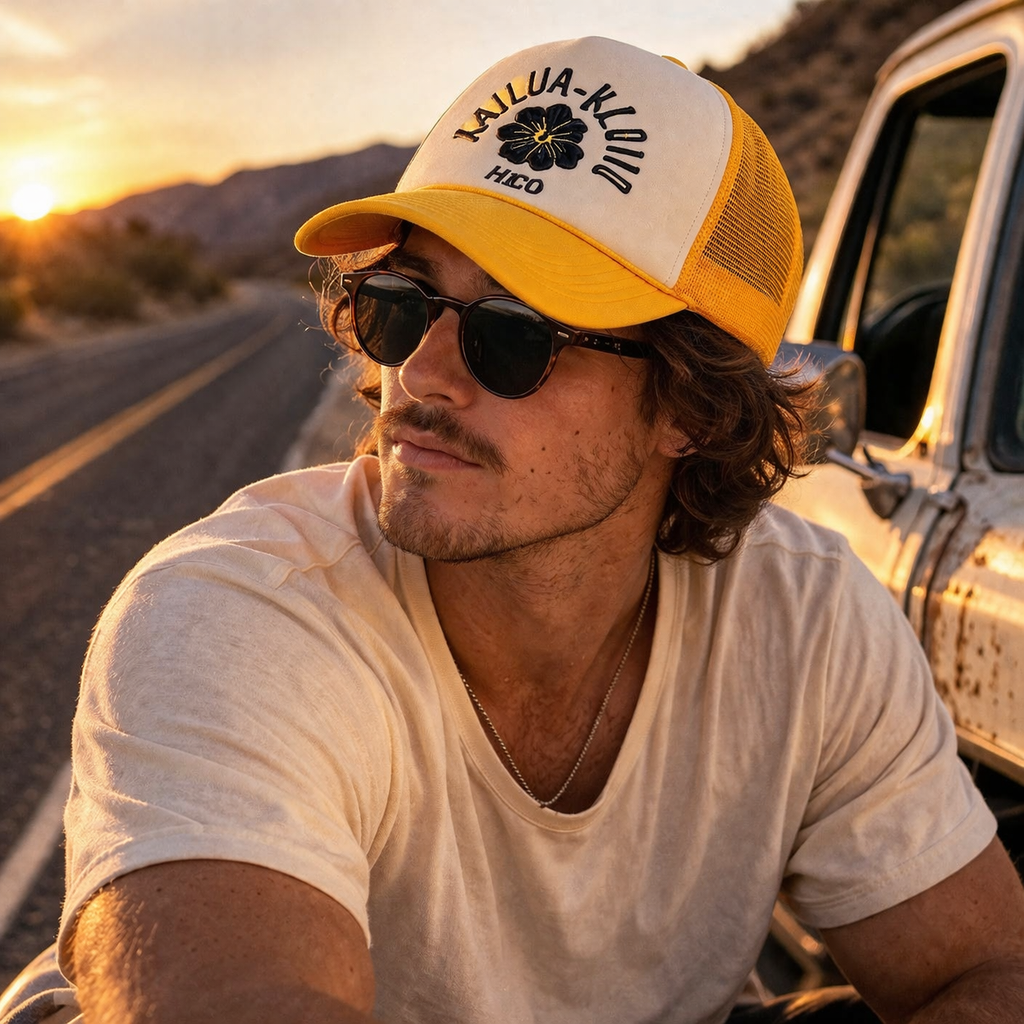 Retro Floral Embroidered Mesh Trucker Cap with Curved Brim