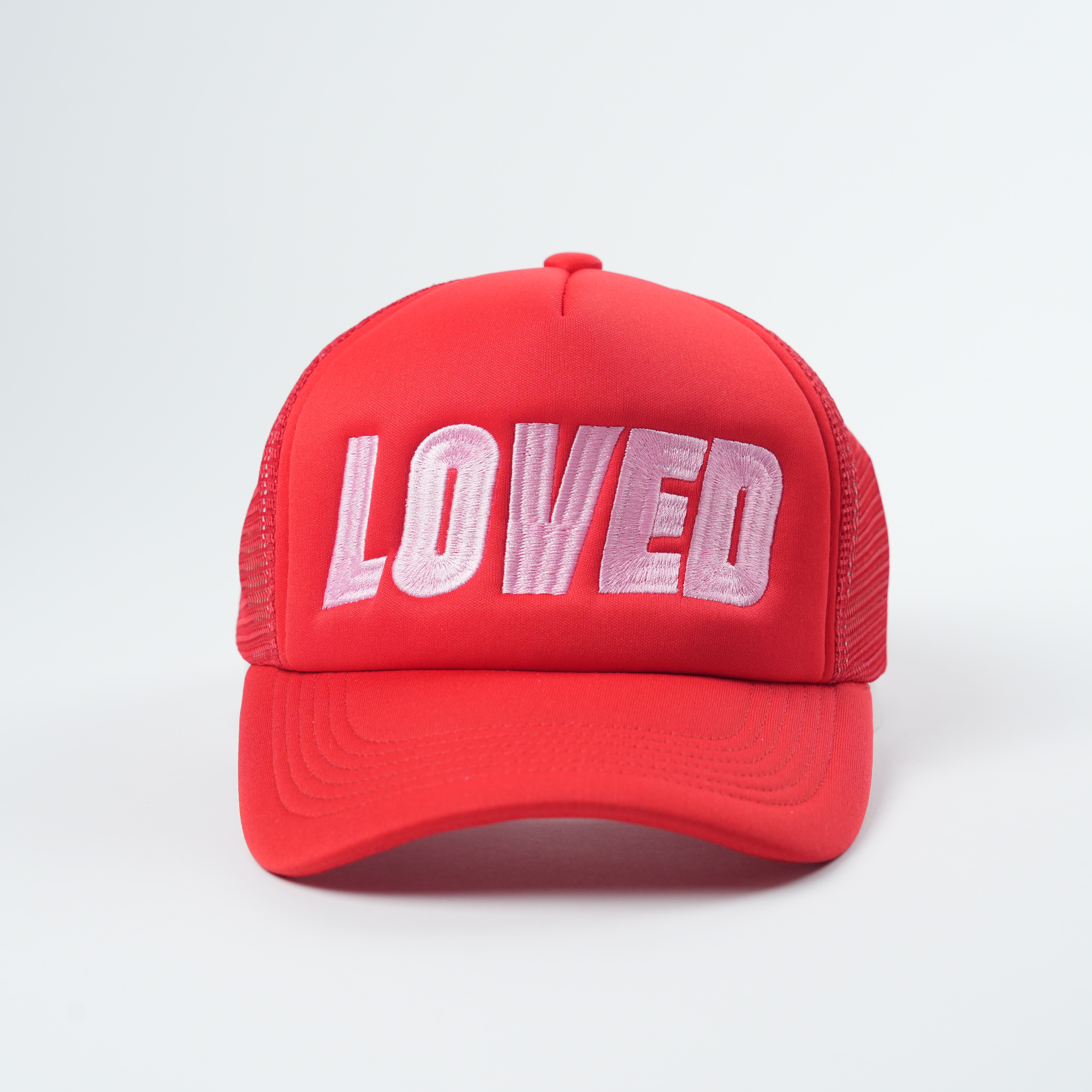 LOVED Pink Embroidered Red Trucker Hat