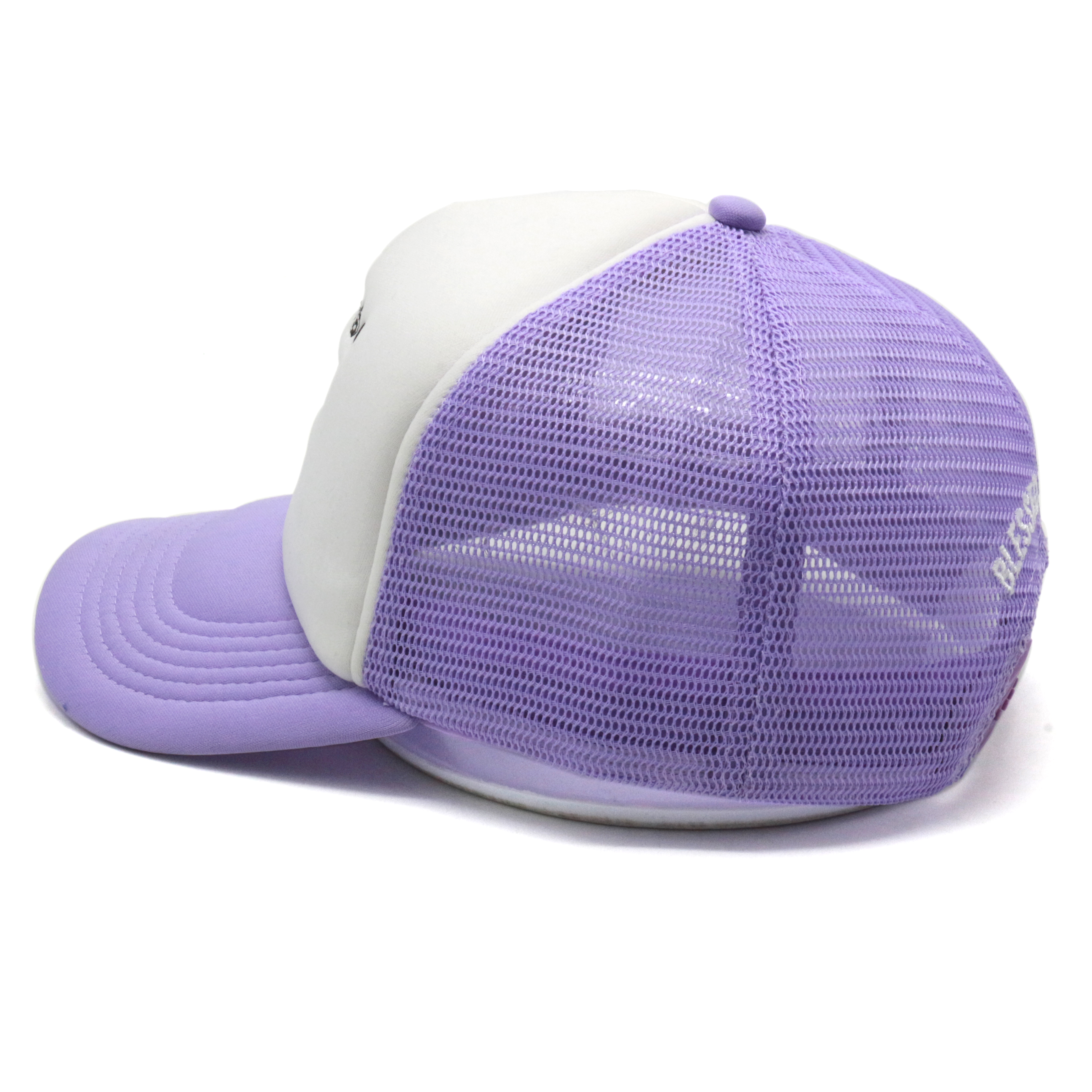 Purple & White Foam Trucker Hat with Flat Embroidered Text