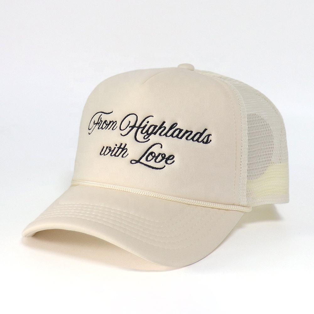 5 Panel Foam Trucker Hat with Script Embroidery Mesh Back Adjustable Snapback Cap