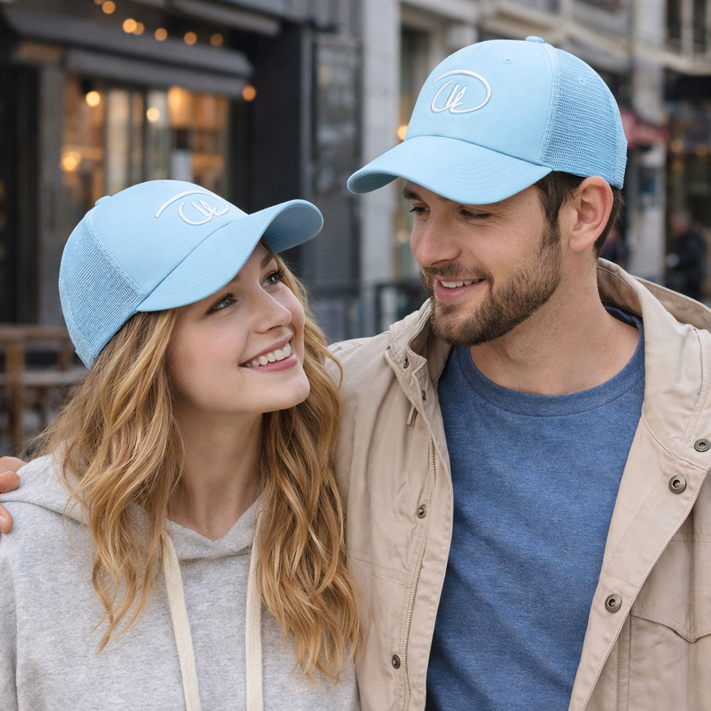 Light Blue Script Logo Mesh Trucker Cap with Curved Brim