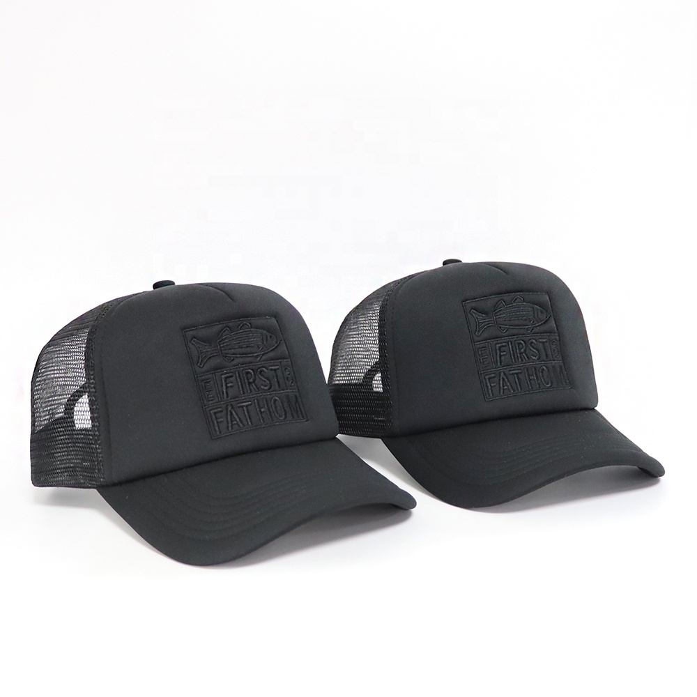 Black Foam Mesh Trucker Hat with Tonal Fish Patch Embroidery