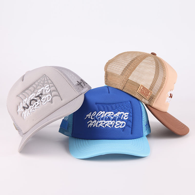 Color-Block Five-Panel Foam Mesh Cap with Script Embroidery