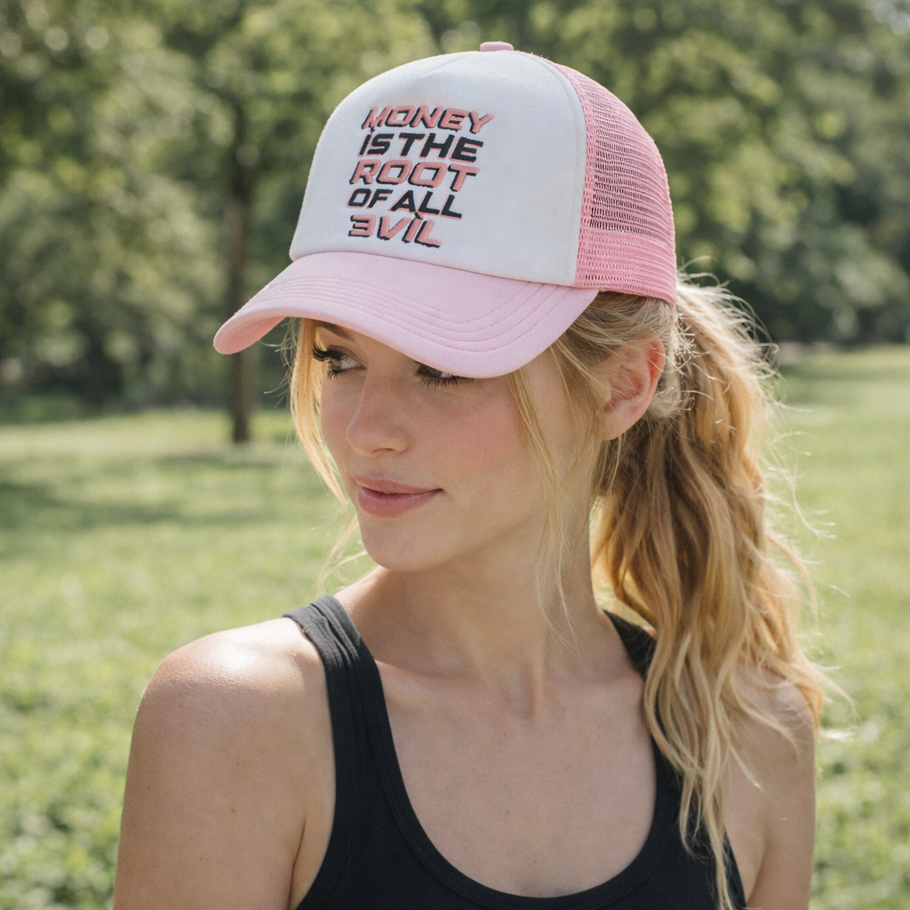 Pink and White Slogan Embroidered Mesh Trucker Cap