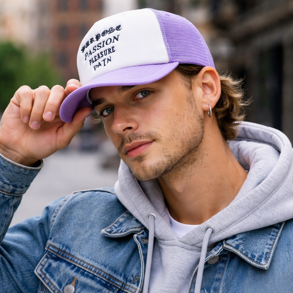 Purple & White Foam Trucker Hat with Flat Embroidered Text