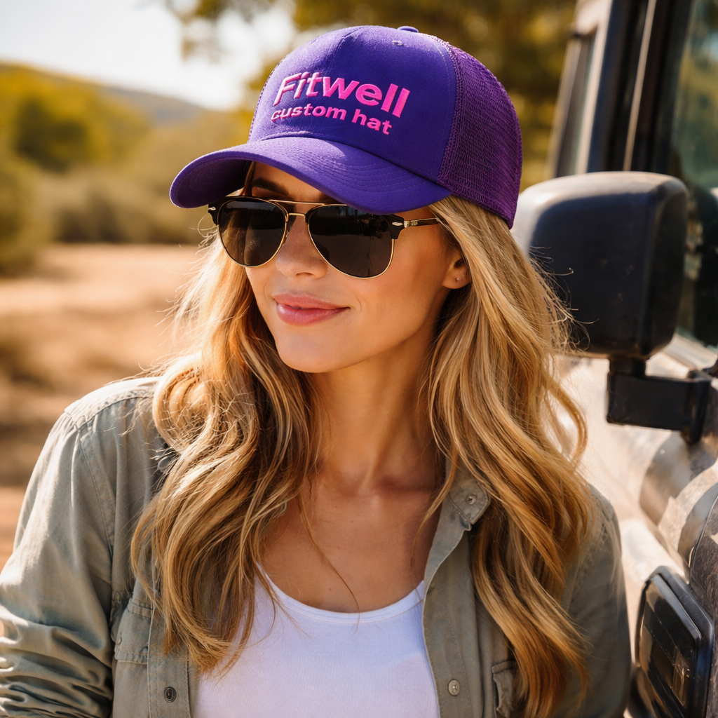 Purple Mesh Trucker Cap with Embroidered Lettering
