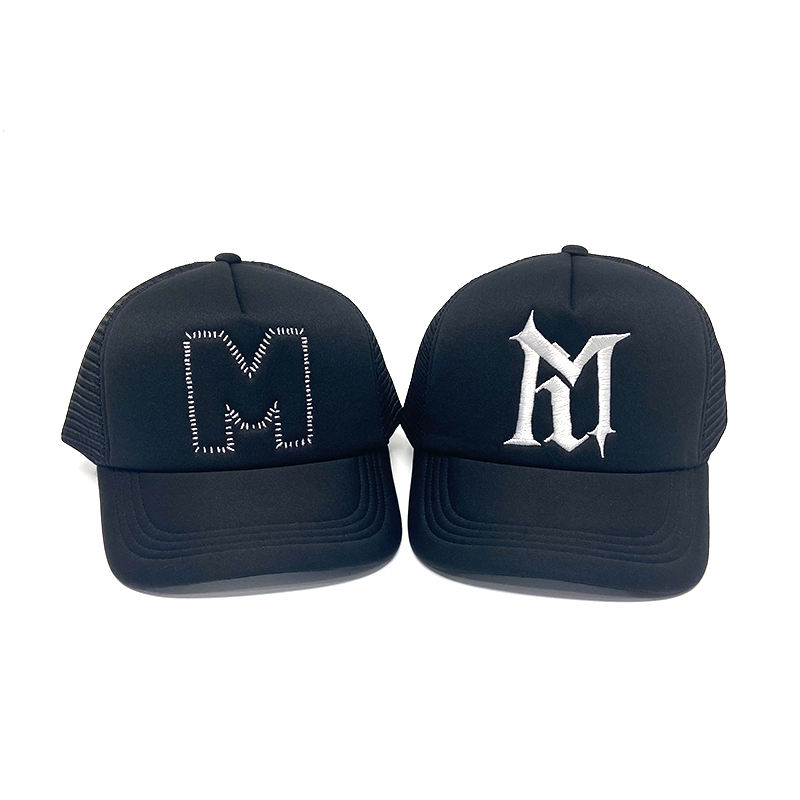 Black M Logo 5 Panel Foam Trucker Cap with Flat Embroidery