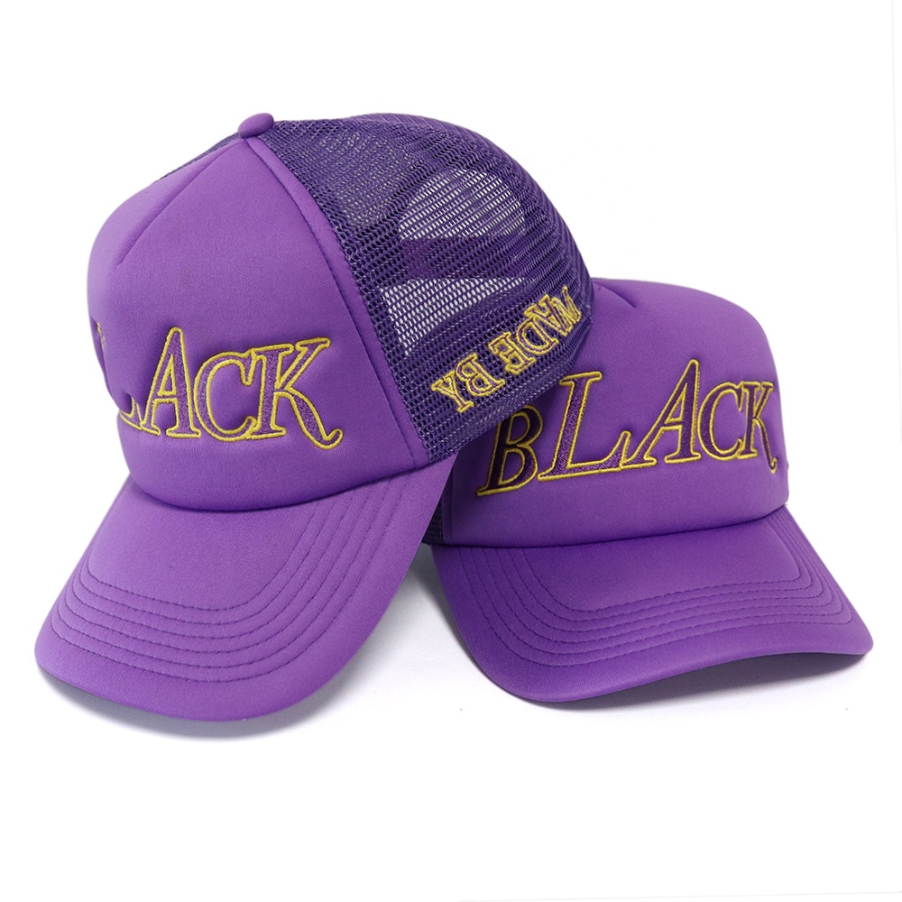 Purple Trucker Hat with Yellow &quotBLACK MADE BY