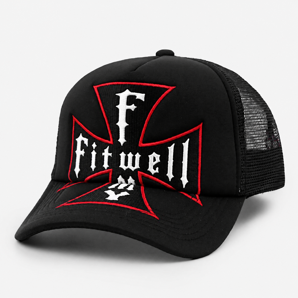 Black Trumpet Cross Embroidered Five-Panel Mesh Trucker Cap