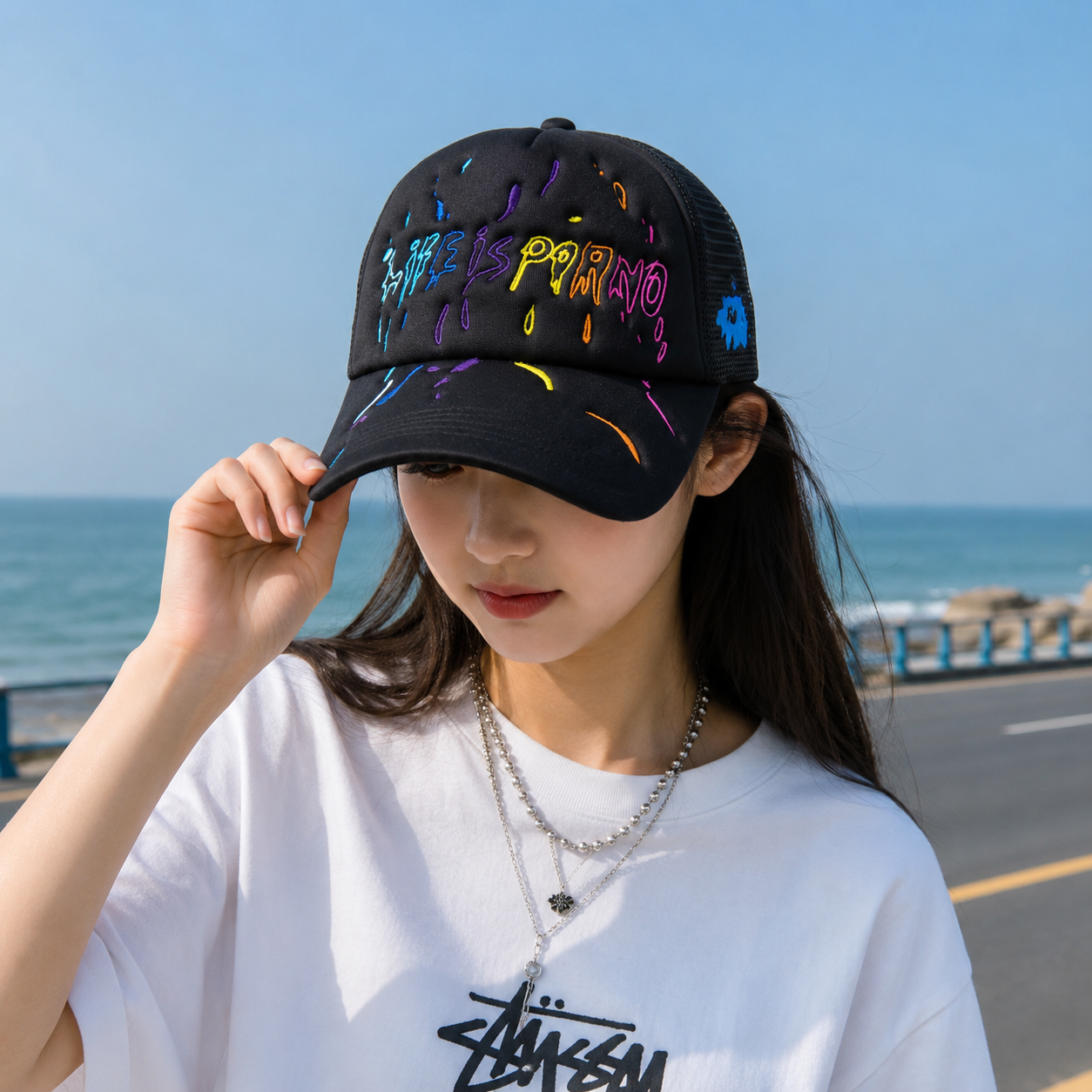 Black Neon Graphic Embroidered Foam Trucker Hat