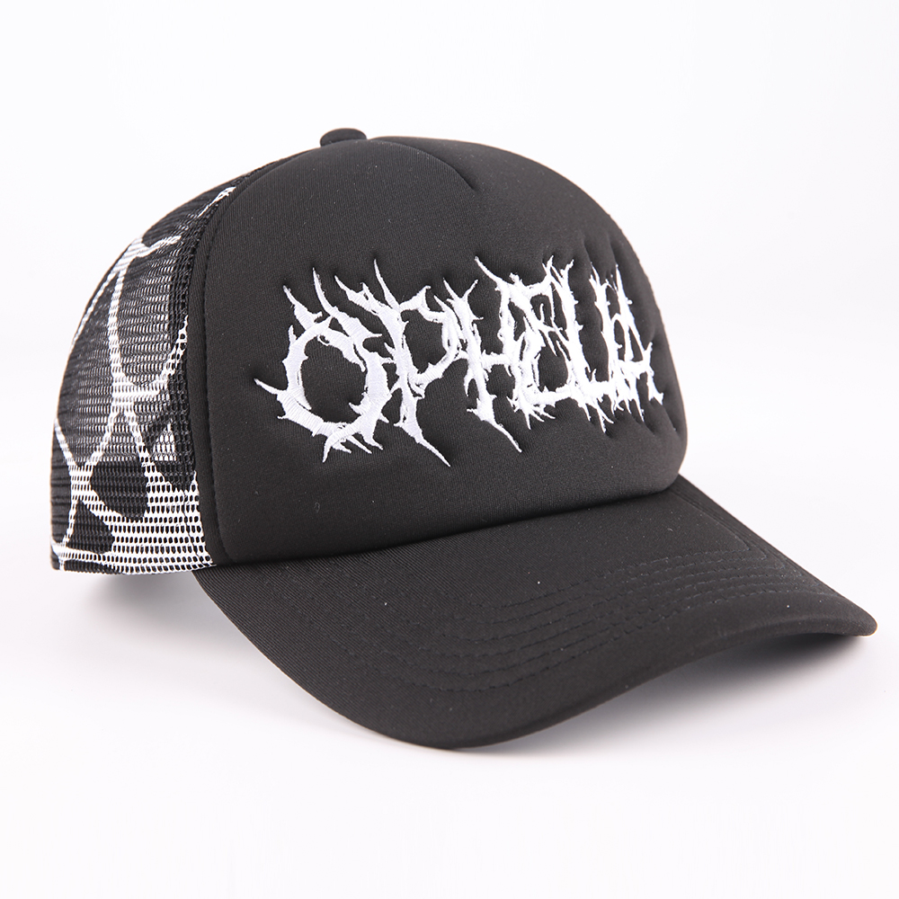 Black and White Foam Trucker Hat with Gothic Embroidered Logo and Mesh Back Design